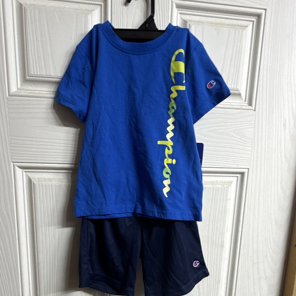 Champion Boys 2-Piece Outfit Set Size 5 Blue Tee Navy Shorts Logo